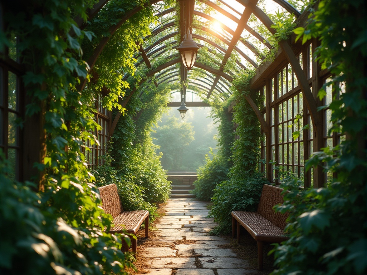 Prompt: Natural lighting, greenhouse interior, lush green plants, vines climbing walls, wooden trellis, rustic metal frames, glass roof, soft diffused light, warm ambient glow, morning sunbeams, gentle shadows on leaves, dew droplets glistening, stone pathway, wicker benches, earthy tones, serene atmosphere, natural textures, organic shapes.