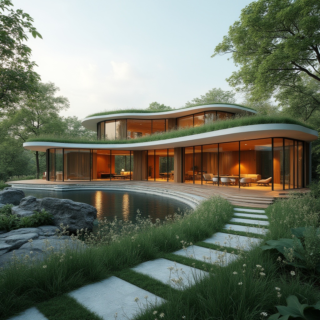 Prompt: Modern villa, integrated landscape design, green roof, curved lines, glass walls, minimalist interior, natural light, wooden floors, floor-to-ceiling windows, panoramic view, seamless transition between indoors and outdoors, lush greenery, wildflowers, trees, subtle water feature, stone walkway, serene atmosphere, warm ambient lighting, 3/4 composition.