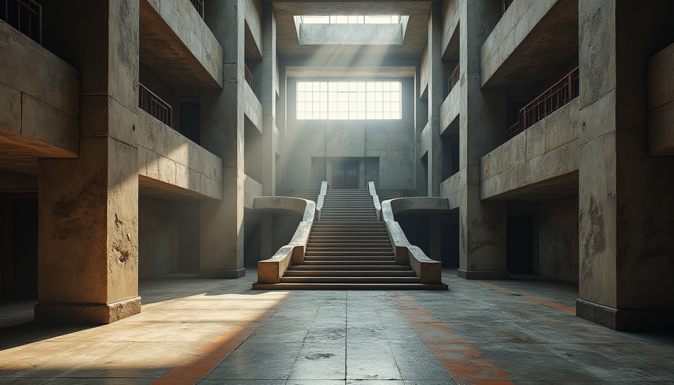 Prompt: Brutalist courthouse, grand staircase, rugged concrete walls, textured stone floors, industrial metal railings, dramatic high ceilings, natural light pouring through skylights, imposing pillars, abstract sculptures, brutalist architecture, geometric shapes, rough-hewn stone blocks, weathered copper accents, urban atmosphere, 1970s retro vibe, cinematic wide-angle shot, low-key lighting, deep shadows.