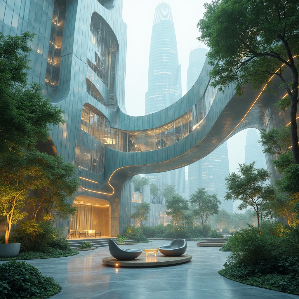 Prompt: Futuristic architecture, sustainable materials, gleaming metallic facade, iridescent glass panels, curved lines, neon lights, green walls, living trees, rooftop garden, cityscape background, misty atmosphere, soft futuristic lighting, 3/4 composition, low-angle shot, sleek modern furniture, eco-friendly interior design.