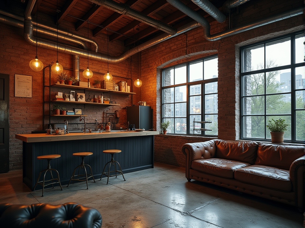 Prompt: Industrial chic interior, modern industrial design, exposed brick wall, metal beam ceiling, concrete floor, minimalist decor, functional pipes, reclaimed wood accents, Edison bulb lighting, urban loft atmosphere, cityscape view, steel windows, distressed leather sofa, vintage factory tools, abstract industrial patterns, moody ambient light, cinematic composition, 3/4 angle shot.