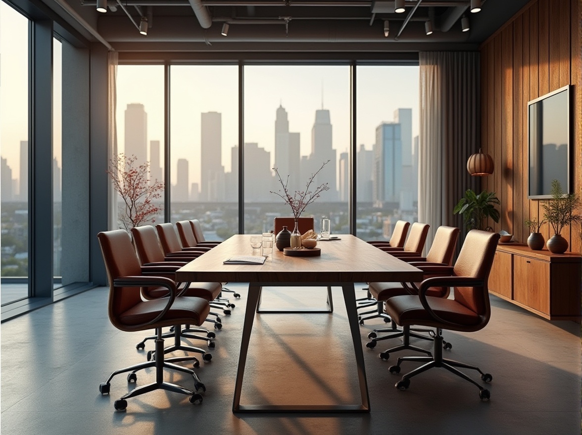 Prompt: Industrial interior design, modern conference room, durable materials, aesthetics, wooden table, metal legs, leather chairs, soft cushions, minimalist decorations, large glass windows, natural light, urban cityscape view, skyscraper backdrop, daytime, warm ambient lighting, 3/4 composition, shallow depth of field.