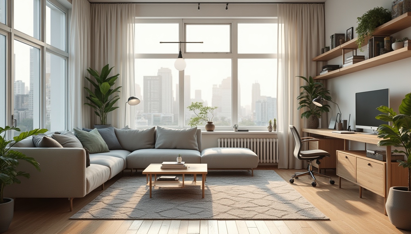 Prompt: Modern minimalist living room, functional layout, L-shaped sofa, wooden coffee table, geometric patterned rug, floor-to-ceiling windows, cityscape view, 3/4 composition, soft natural light, warm ambient atmosphere, Scandinavian style, oak wood flooring, white walls, greenery on shelves, industrial chic pendant lamp, clutter-free space, ergonomic chair, laptop and notebook on desk, plants near window, morning sunlight, shallow depth of field.