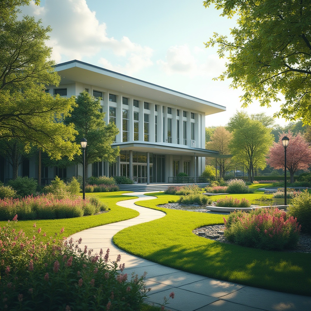 Prompt: Suburban clinic, modern architecture, greenery surroundings, lush lawn, colorful flower beds, curved walking paths, decorative lamp posts, small ponds with water features, natural stone benches, wooden fences, vibrant blooming trees, sunny afternoon, warm soft lighting, 3/4 composition, depth of field, serene atmosphere.