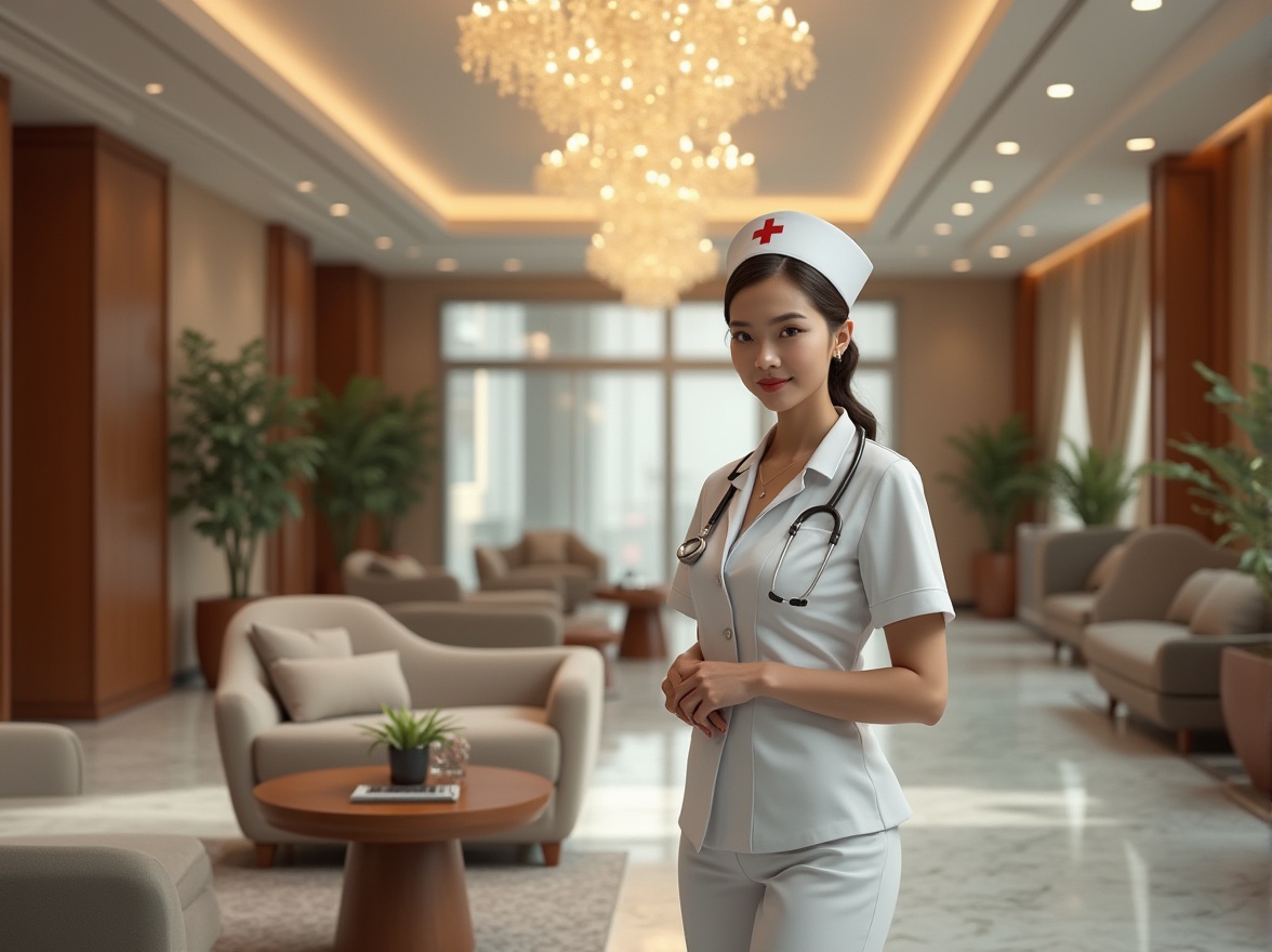 Prompt: Modern hospital interior, ornate details, luxurious waiting area, velvet sofas, wooden coffee tables, potted plants, marble floors, grand chandelier, soft warm lighting, gentle curves, elegant nurse, white uniform, hat, red cross brooch, gentle smile, stethoscope around neck, standing near reception desk, flowers on counter, calm atmosphere, subtle gradient background, 3/4 composition, cinematic rendering.