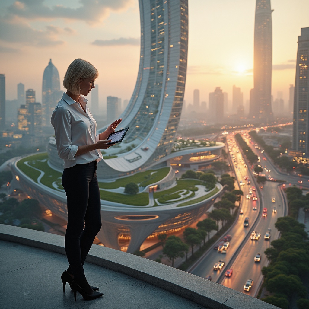 Prompt: A futuristic architect, standing confidently, mature lady, 30s, short hair, minimal makeup, white shirt, black pants, high heels, holding a tablet, gesturing to a holographic blueprint, in front of a massive, curved skyscraper, with lush green roofs, surrounded by a modern cityscape, busy streets, futuristic cars, neon lights, at sunset, warm golden light, panoramic view, 3/4 composition, soft focus on the architect, cinematic lighting.