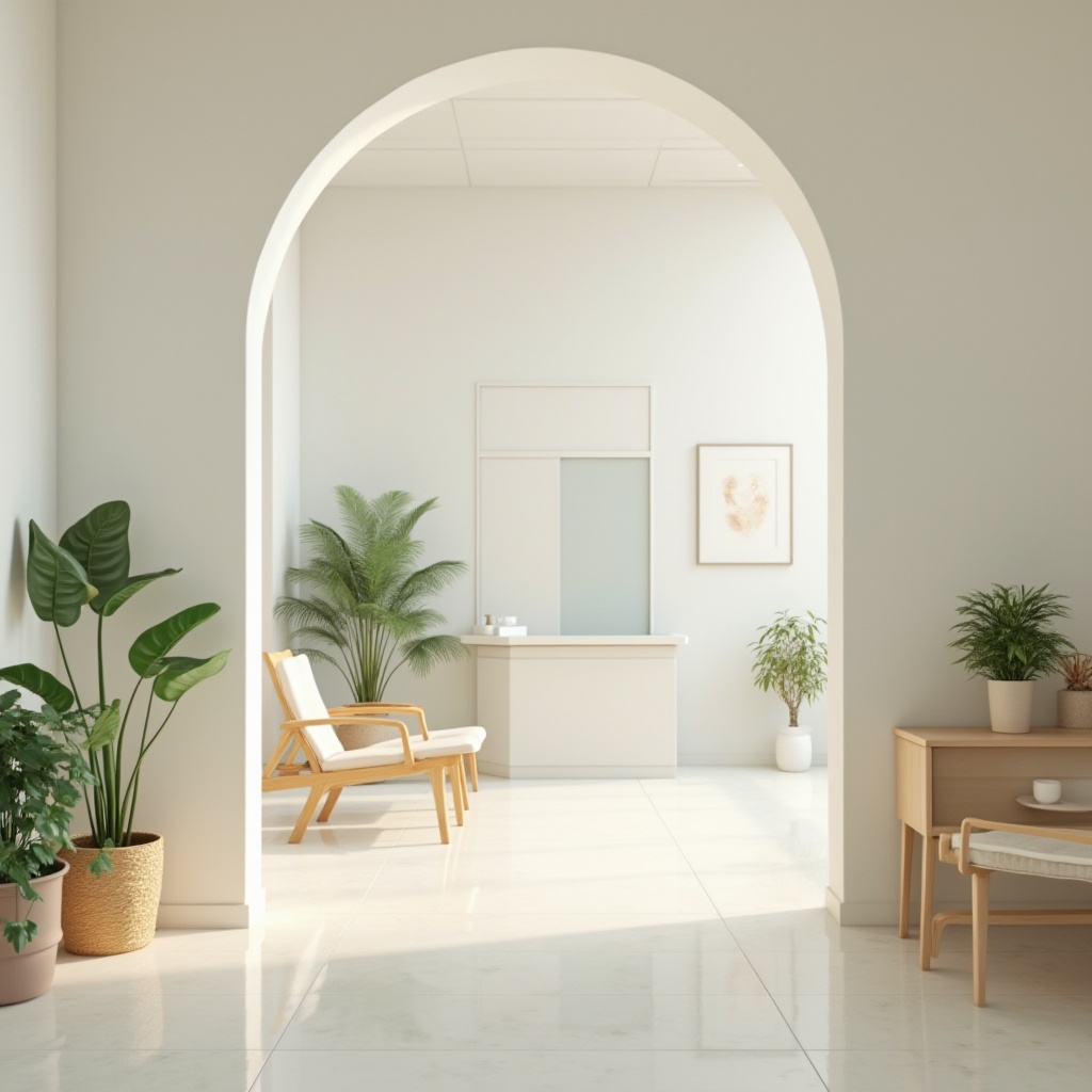 Prompt: Modern clinic, medical office, calm atmosphere, pastel colors, soft lighting, white walls, wooden furniture, minimal decor, plants, gentle curves, rounded edges, soothing ambiance, natural textures, earthy tones, beige, light blue, pale green, cream, warm neutrals, gentle contrast, 3/4 composition, panoramic view, soft focus.