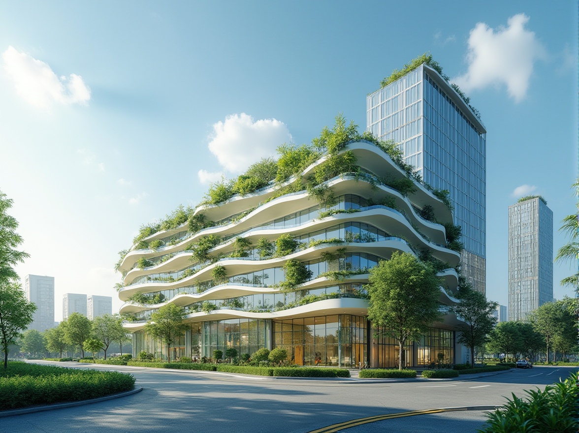 Prompt: Sustainable building, modern architecture, eco-friendly materials, recycled glass, bamboo, solar panels, green roof, urban skyscraper, cityscape, blue sky, white clouds, afternoon sunlight, 3/4 composition, natural lighting, shallow depth of field.