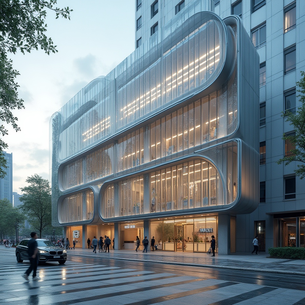 Prompt: Modern dental clinic, innovative facade design, glass curtain walls, aluminum frames, LED light strips, sleek minimalist architecture, urban cityscape, busy street, morning sunlight, shallow depth of field, 3/4 composition, vibrant colors, geometric shapes, metallic texture, reflective surfaces, clean lines, futuristic ambiance.