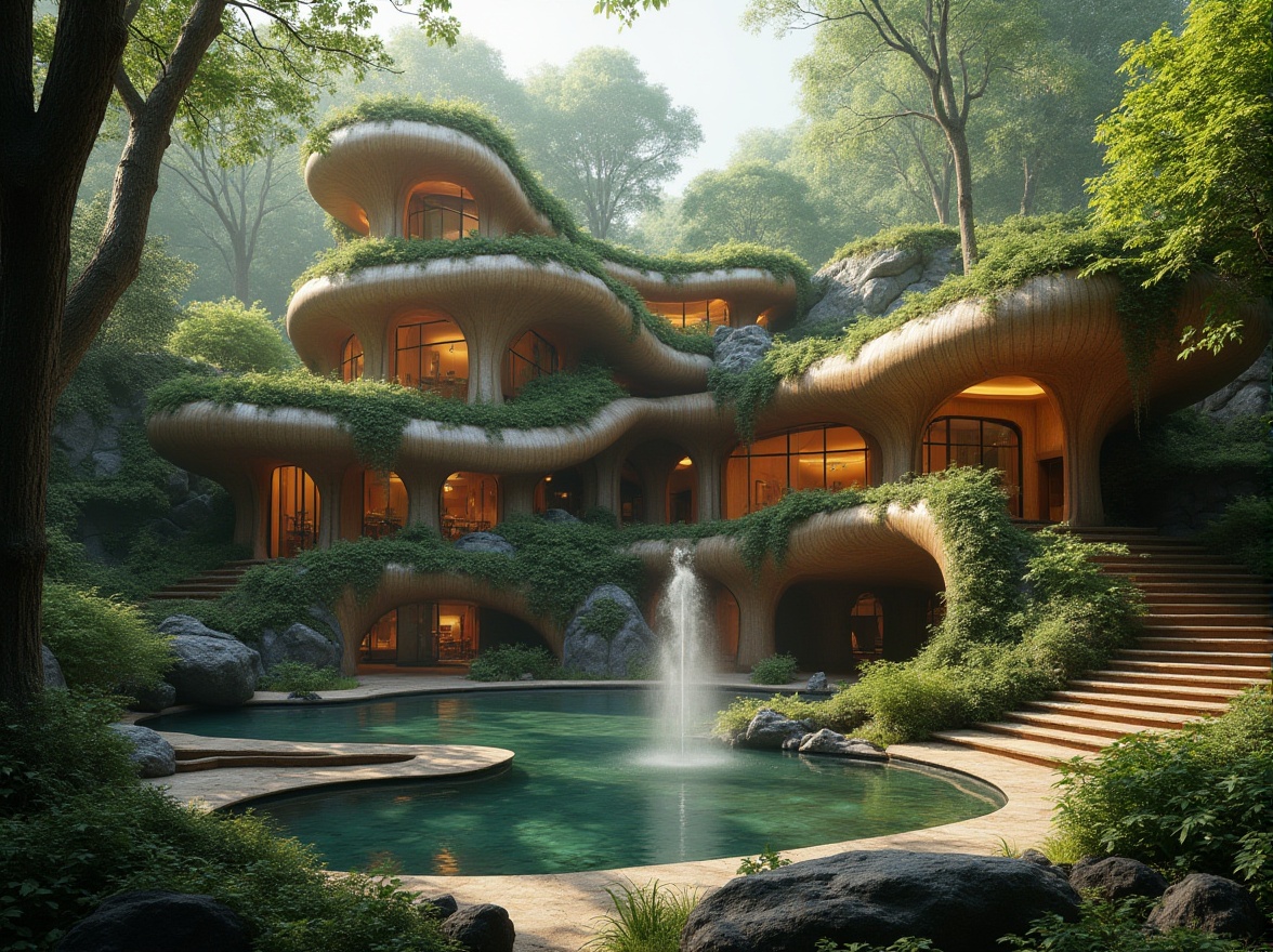 Prompt: Organic architecture, futuristic building, curved lines, flowing shapes, biomimetic design, natural materials, wooden structure, green roof, lush vegetation, vines crawling up walls, water features, fountain, misty atmosphere, soft sunlight filtering through trees, serene ambiance, 3/4 composition, warm color palette, earthy tones, natural textures, intricate details, close-up shots of unique architectural elements.