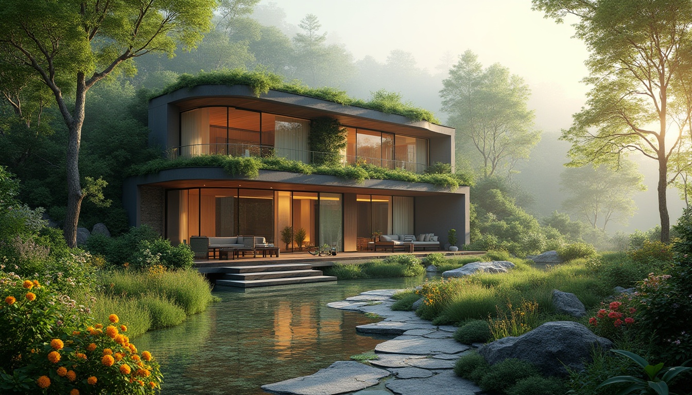 Prompt: Villa, modern architecture, integrated with nature, green roof, lush vegetation, large windows, wooden accents, natural light, seamless transition, organic curves, blending boundaries, serene atmosphere, misty morning, soft sunlight filtering through trees, surrounding forest, vibrant flowers, winding stone path, water features, tranquil ambiance, 3/4 composition, warm color palette, cinematic lighting.