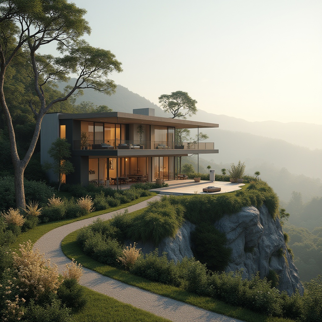 Prompt: Luxurious villa, modern architecture, integrated into natural landscape, surrounded by lush greenery, blooming flowers, gentle slope, serene atmosphere, panoramic view, 3/4 composition, warm sunlight, soft shadows, detailed texture, realistic rendering, ambient Occlusion, misty morning, subtle fog effect, tranquil ambiance.