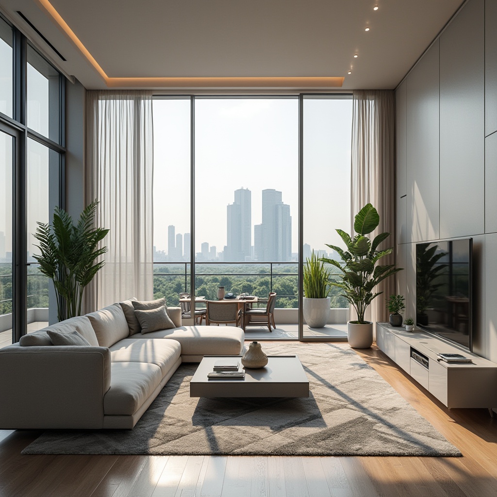 Prompt: Modern minimalist interior, spacious open-plan living room, L-shaped sofa, low coffee table, geometric-patterned rug, floor-to-ceiling windows, sliding glass doors, natural light pouring in, urban cityscape view, metallic accents, sleek lines, hidden LED lighting, built-in shelves, wall-mounted TV, greenery on the balcony, wooden flooring, airy atmosphere, functional furniture arrangement, optimized traffic flow, 3/4 composition, panoramic view, softbox lighting.