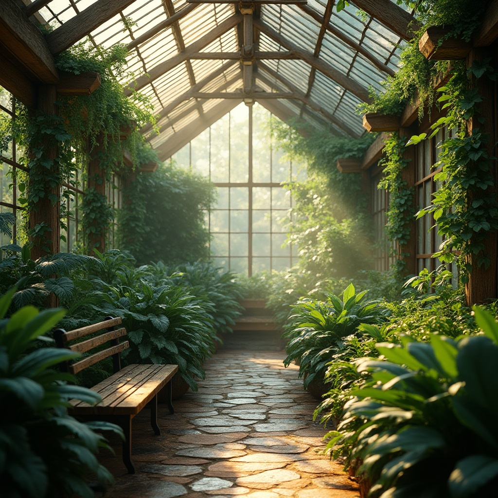 Prompt: Natural ambiance, greenhouse interior, lush greenery, tropical plants, vines crawling up walls, wooden trellis, glass roof, soft diffused light, warm sunbeams filtering through, gentle shadows, misty atmosphere, dew droplets on leaves, stone pathway, rustic metal benches, natural wood accents, earthy tone colors, serene composition, peaceful atmosphere, morning or afternoon lighting, high angle shot, 3/4 composition.