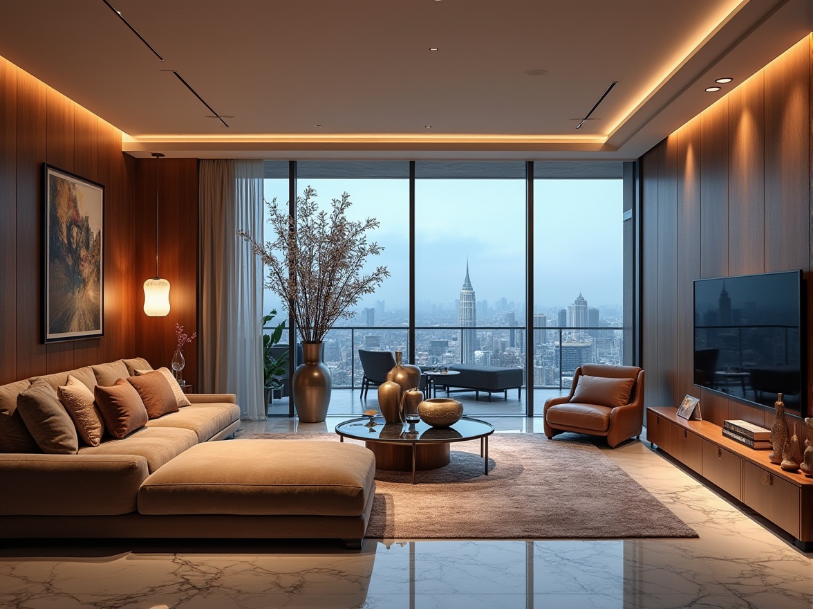 Prompt: Luxurious interior design, modern furniture, high-end materials, polished marble, rich velvet, smooth leather, sturdy oak wood, metallic accents, glass coffee table, ambient lighting, elegant vases, abstract artwork, lavish decorations, spacious living room, floor-to-ceiling windows, panoramic city view, 3/4 composition, softbox lighting, cinematic atmosphere.