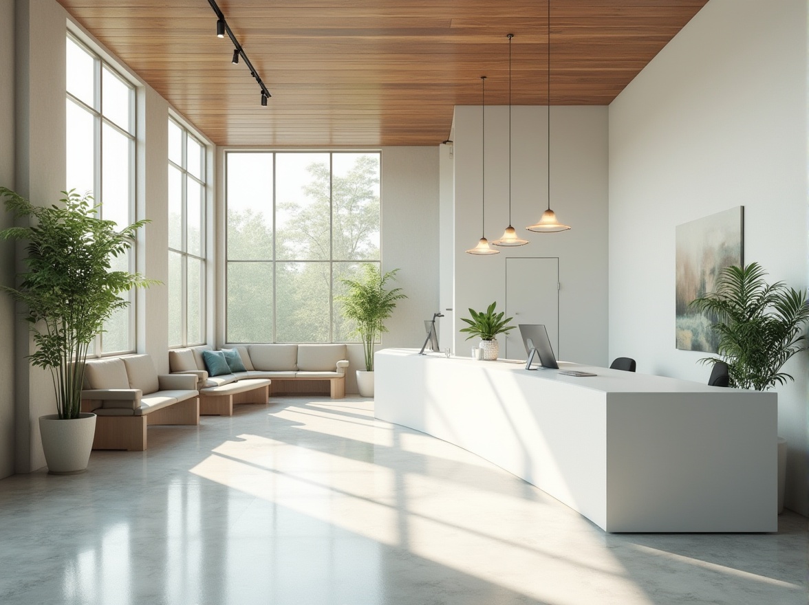 Prompt: Modern clinic interior, Bauhaus style, clean lines, minimal decor, functional layout, efficient use of space, white walls, polished concrete floor, wooden accents, minimalist furniture, rectangular reception desk, geometric lighting fixtures, stainless steel medical equipment, green plants, natural light pouring through large windows, 3/4 composition, soft diffused lighting, modern architectural details.