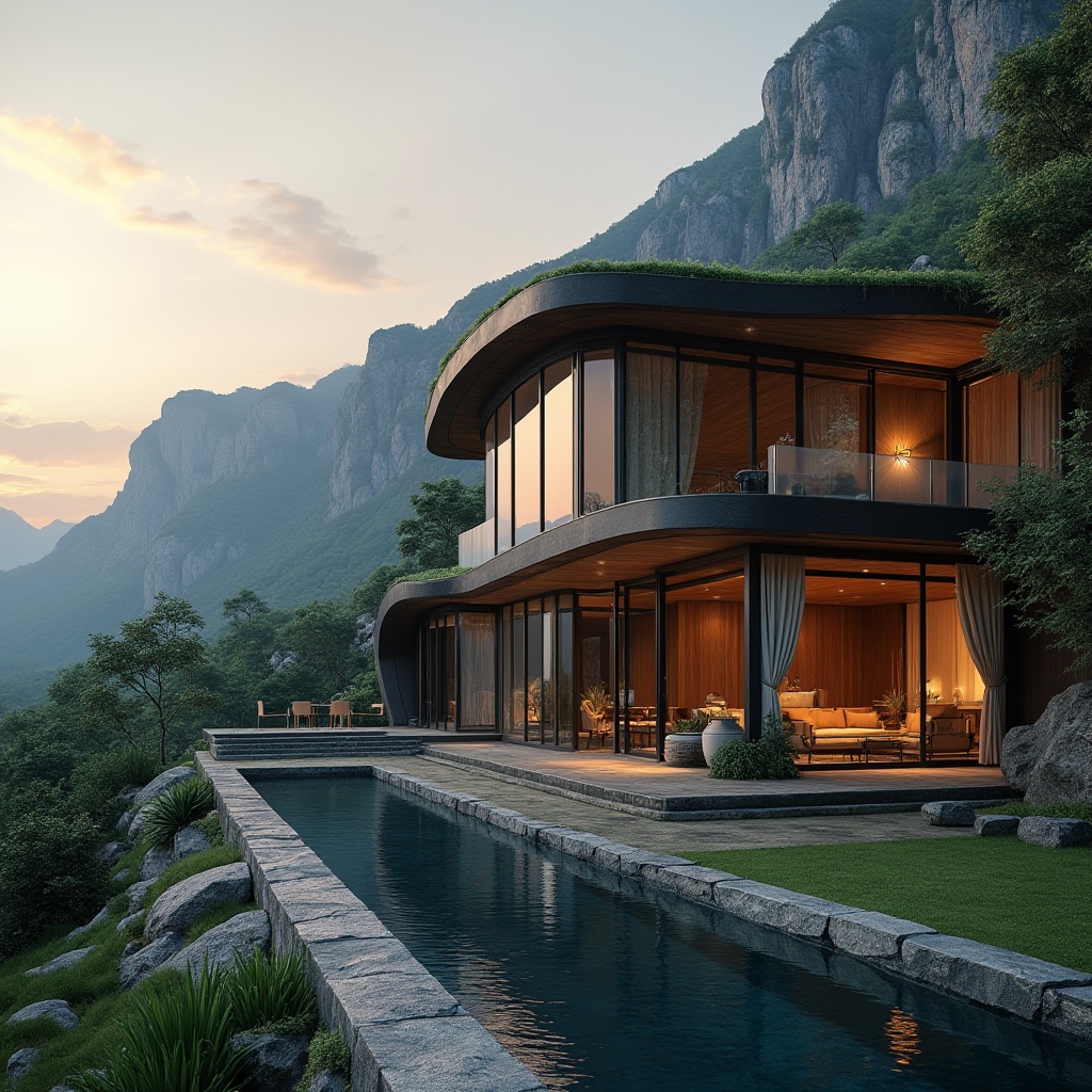 Prompt: Mountainous landscape, modern villa, large windows, sliding glass doors, green roof, lush vegetation, curved lines, natural stone walls, wooden accents, outdoor seating area, infinity pool, sunset view, warm ambient lighting, dramatic shadows, 3/4 composition, soft focus on background, blurred edges, cinematic atmosphere.