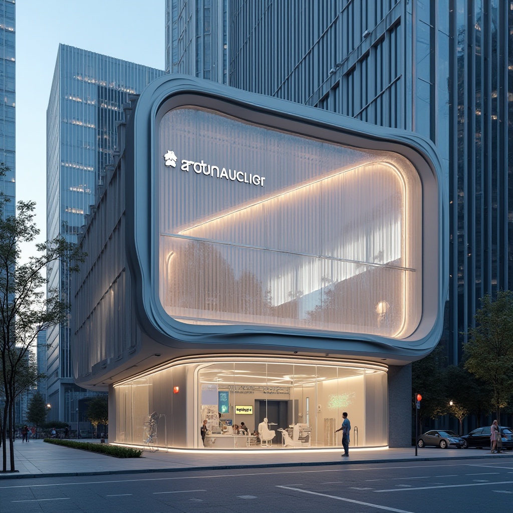 Prompt: Modern dental clinic, futuristic facade, sleek lines, silver aluminum frame, LED strip lights, gradient glass panels, minimalist entrance, automated sliding doors, geometric patterns, 3D lattice structure, reflective surfaces, urban skyscraper background, cityscape, morning light, shallow depth of field, cinematic composition.