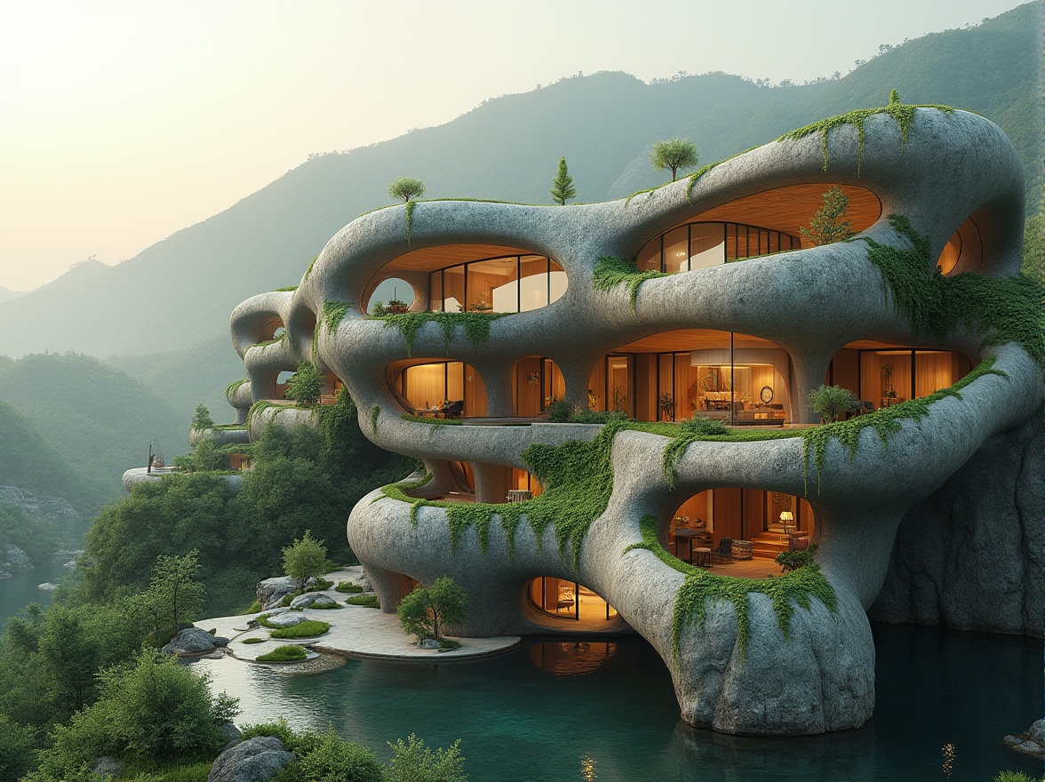 Prompt: Organic building, natural forms, flowing curves, wavy lines, irregular shapes, futuristic architecture, sustainable design, eco-friendly materials, green roofs, living walls, vines crawling up walls, wooden accents, earthy tones, stone textures, water features, reflection pools, surrounding landscape, hills, mountains, misty atmosphere, soft morning light, cinematic composition, atmospheric perspective.