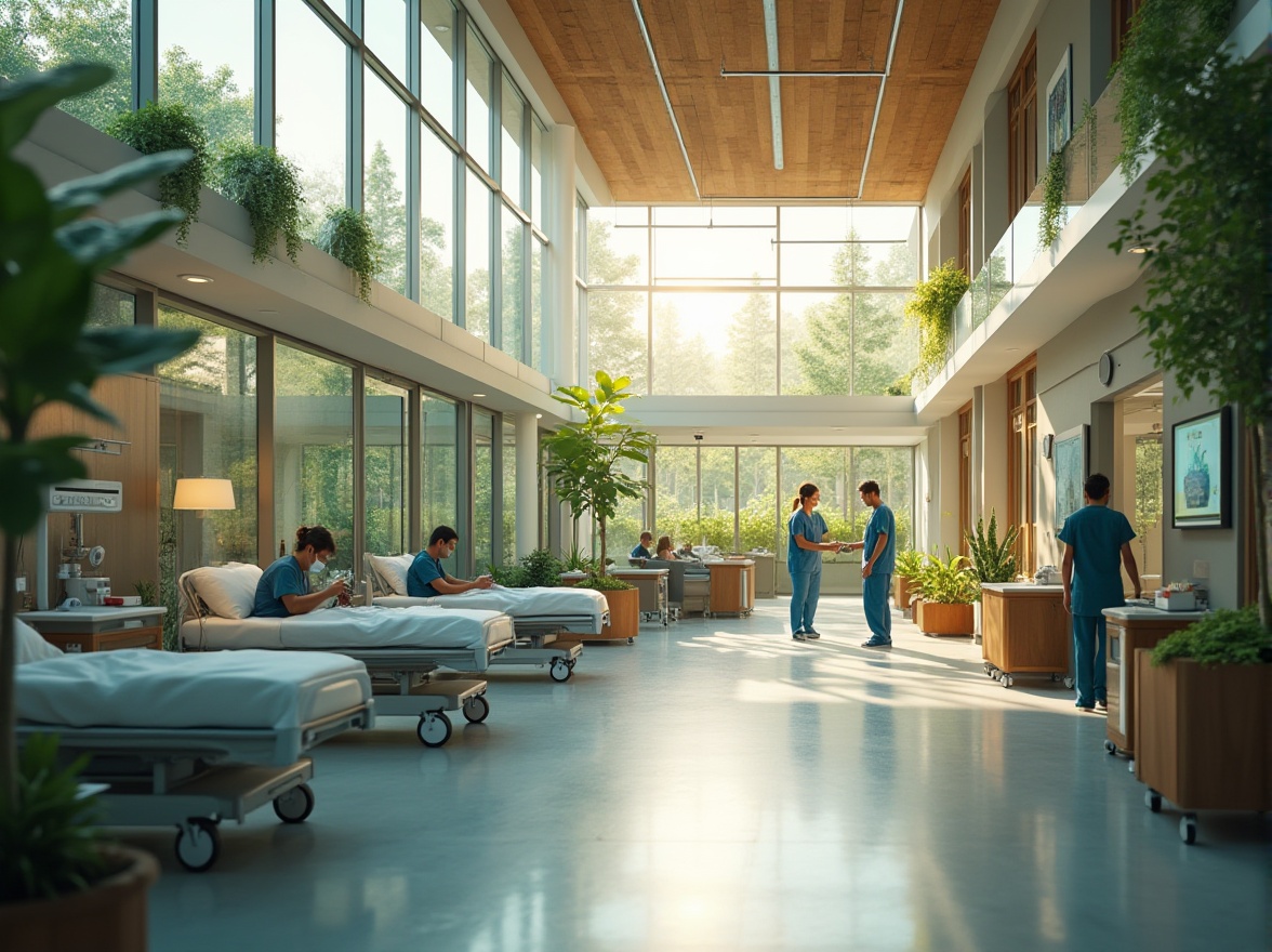 Prompt: Sustainable hospital, modern architecture, eco-friendly design, large windows, natural light, green walls, recycled materials, wooden accents, steel frames, energy-efficient systems, solar panels, rainwater harvesting, minimal waste, recyclable furniture, vibrant colors, calming atmosphere, healing environment, patients' recovery area, medical equipment, doctors and nurses in scrubs, gentle facial expressions, caring actions, soft warm lighting, 3/4 composition, shallow depth of field.