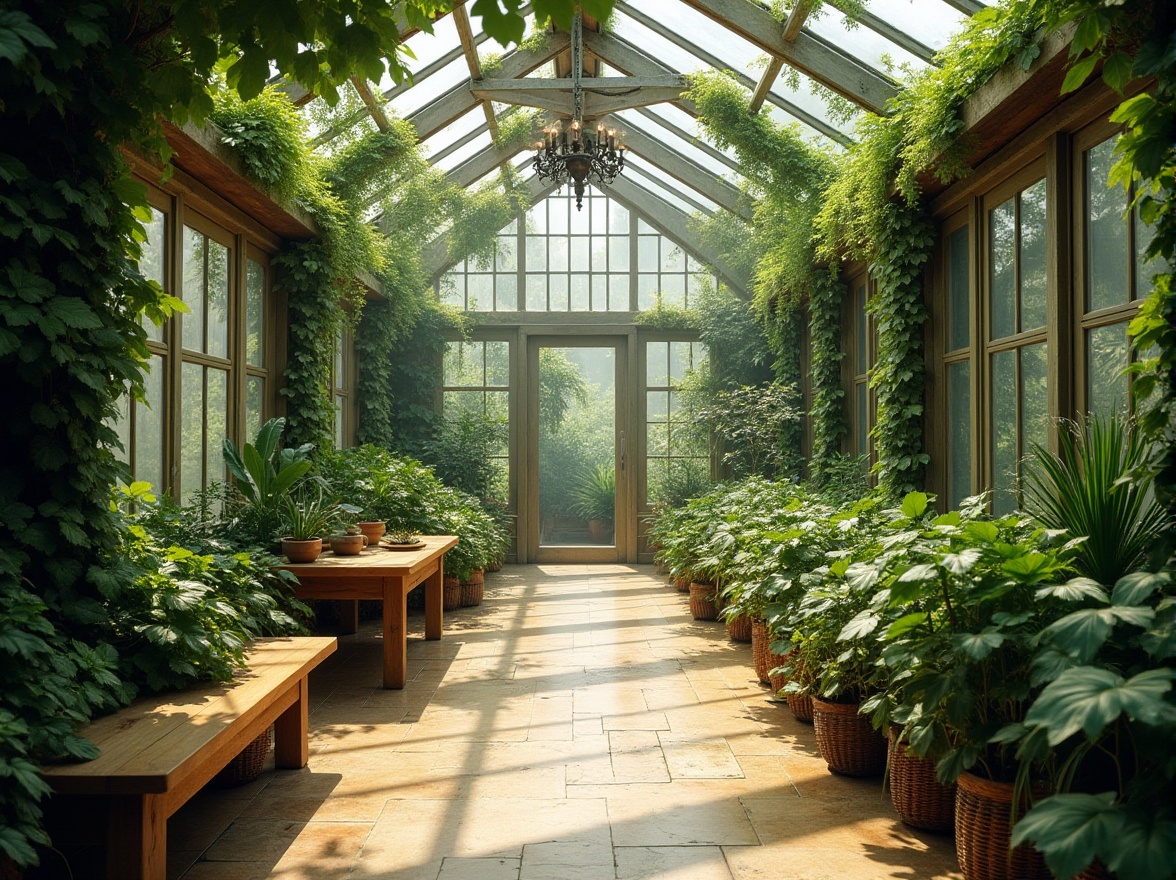 Prompt: Natural greenhouse interior, abundant greenery, lush plants, vines crawling up walls, large windows, skylights, soft diffused natural lighting, warm beige stone flooring, wooden benches, wicker furniture, rustic metal decorations, subtle mist, humid atmosphere, gentle breeze, morning sunlight, 3/4 composition, cinematic depth of field.