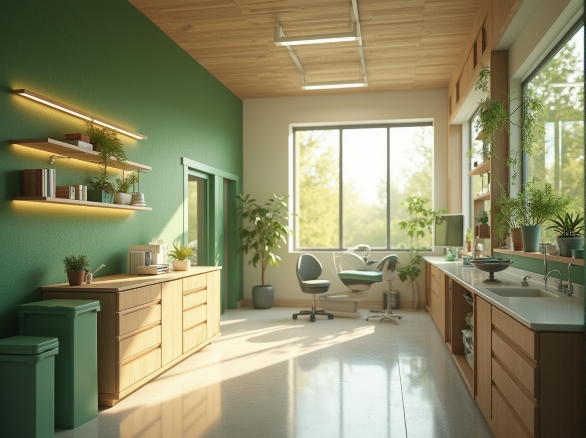 Prompt: Modern dental clinic, sustainable design, eco-friendly materials, natural light, green walls, recycling bins, energy-efficient equipment, minimalist decor, wooden furniture, plants, water feature, calm atmosphere, morning light, 3/4 composition, shallow depth of field, soft focus, warm color tone, realistic rendering.