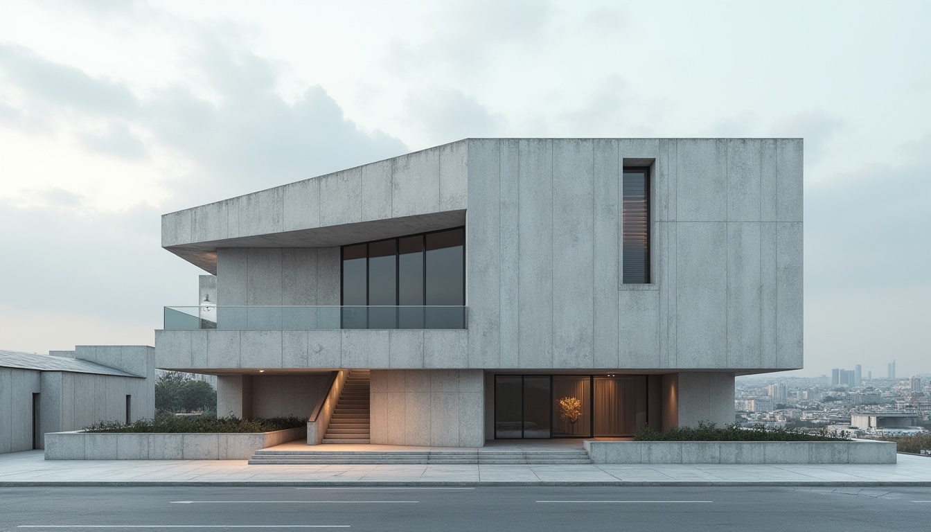 Prompt: Fiber-cement building, modern architecture, brutalist style, rough textured facade, grayish-white color tone, geometric shapes, clean lines, minimalist design, urban setting, cityscape background, cloudy sky, soft natural light, 3/4 composition, shallow depth of field, realistic rendering, high-quality textures.