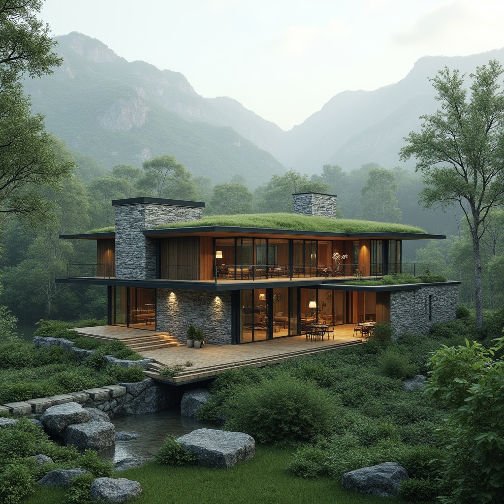 Prompt: Villa, integration with nature, blending architecture, modern design, large windows, wooden accents, green roof, lush vegetation, surrounded by trees, mountains in background, misty atmosphere, soft lighting, warm color palette, natural materials, stone walls, curved lines, harmony with environment, eco-friendly, sustainable, serene ambiance, peaceful atmosphere, panoramic view, 3/4 composition.