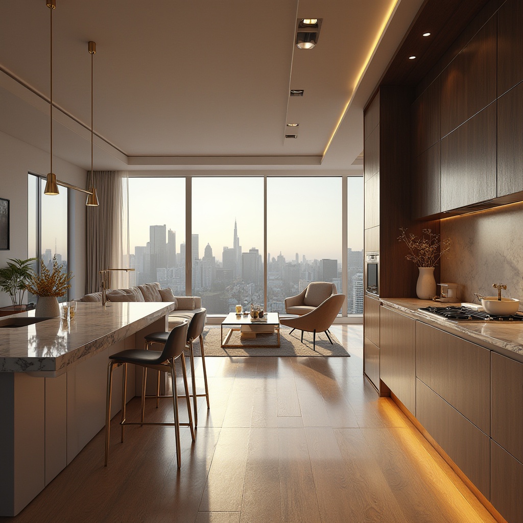 Prompt: Luxurious, modern interior design, material selection, durability, aesthetics, marble countertops, wooden flooring, velvet sofa, metallic accents, glass coffee table, ambient lighting, soft focus, warm color tone, elegant atmosphere, high-end residential, living room, panoramic view, cityscape, afternoon sunlight, soft shadows.