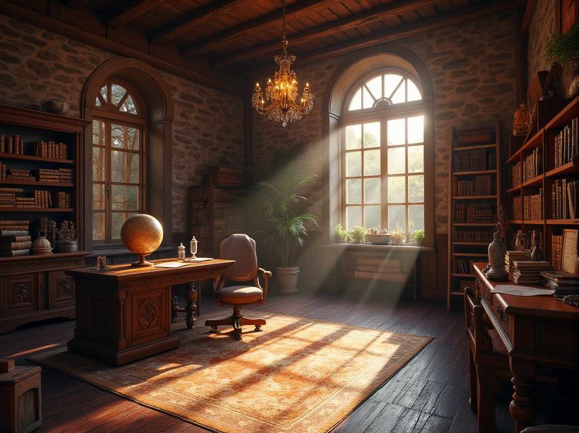 Prompt: Rustic barn, academic style, wooden beams, stone walls, high ceilings, grand chandelier, bookshelves, ladder, study desk, leather chair, globe, vintage map, wooden crates, old books, scrolls, lanterns, warm lighting, cozy atmosphere, afternoon sunbeams, dramatic shadows, 3/4 composition, soft focus, cinematic mood.