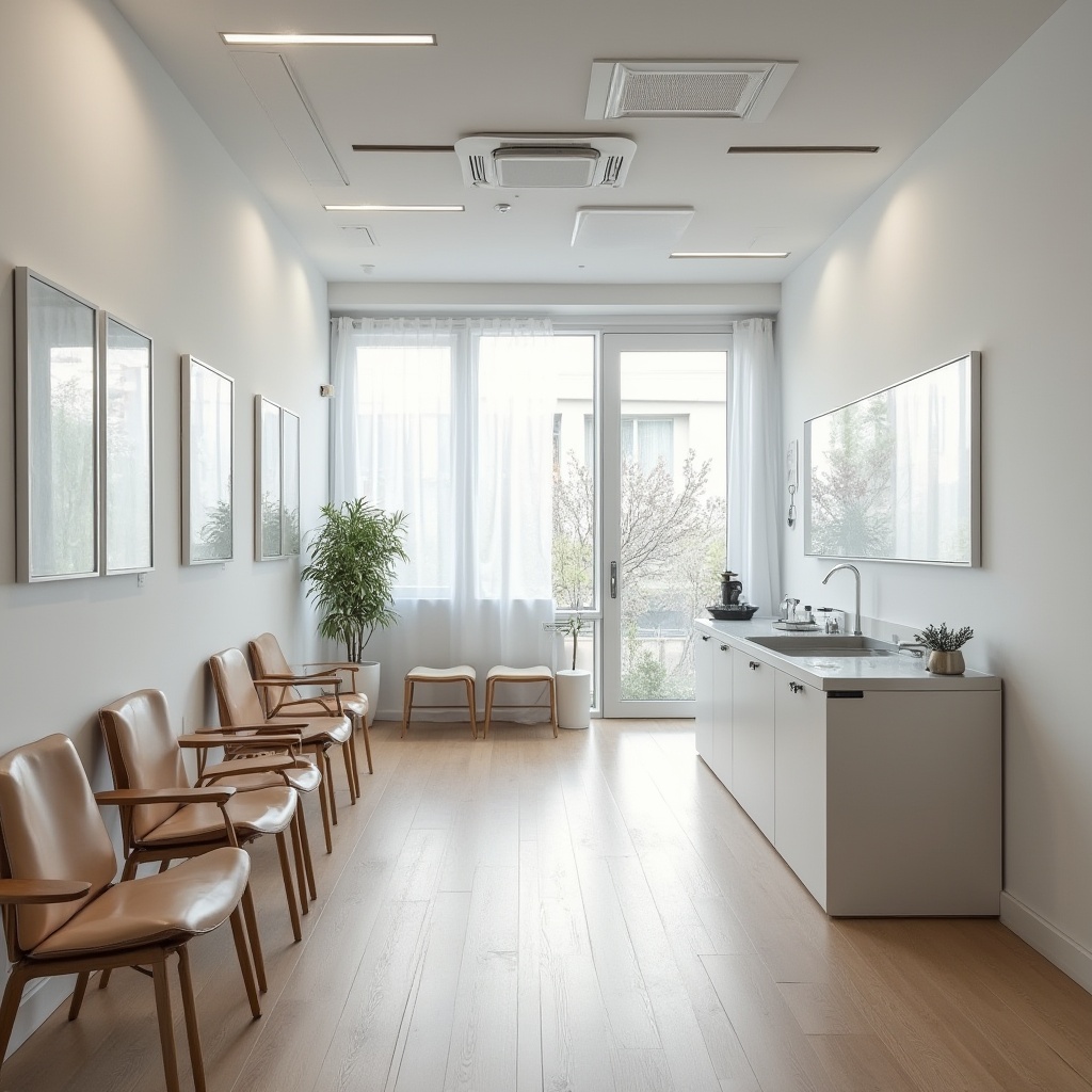 Prompt: Modern clinic interior, Bauhaus style, efficient layout, minimal decor, white walls, large windows, natural light, wooden floors, steel medical equipment, stainless countertops, leather waiting chairs, geometric patterns, simple lines, clean aesthetic, 3/4 composition, softbox lighting, shallow depth of field, Nordic atmosphere, industrial chic.