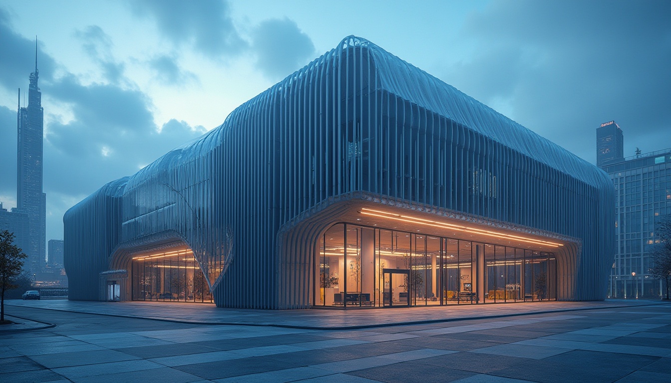 Prompt: Modern innovative facade design, international style factory building, steel structure, glass curtain wall, futuristic LED lights, geometric shapes, bold lines, industrial chic, urban landscape, cityscape, concrete pavement, surrounding skyscrapers, cloudy blue sky, dramatic low-angle shot, cinematic composition, high-contrast lighting, detailed texture, metallic reflection.