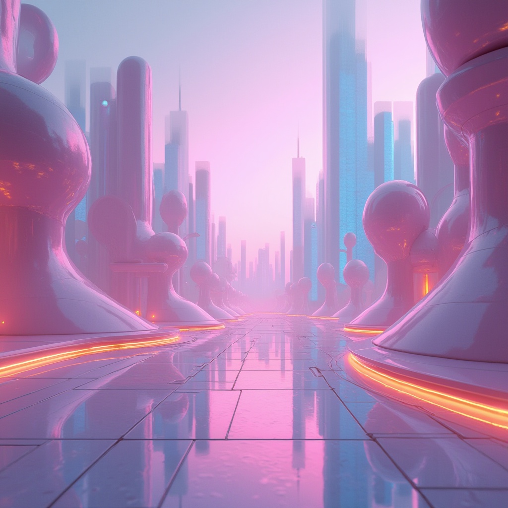 Prompt: Unique color palette, pastel hues, soft gradient background, futuristic neon lights, glowing accents, metallic sheen, iridescent shimmer, 3D geometric shapes, abstract composition, futuristic cityscape, skyscraper, misty atmosphere, warm ambient lighting, high contrast, vibrant colors, bold typography.