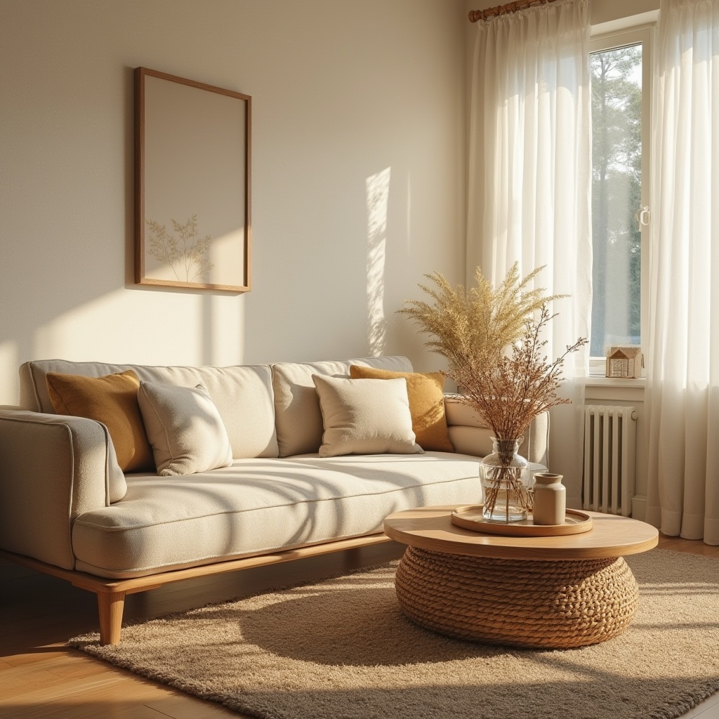 Prompt: Cozy living room, warm wheat tone color palette, comfortable atmosphere, soft beige couch, plush throw pillows, natural wood coffee table, woven basket, vase with dried flowers, large windows with white curtains, sunny afternoon, gentle light streaming in, warm shadows, 3/4 composition, shallow depth of field, inviting ambiance, relaxing mood.