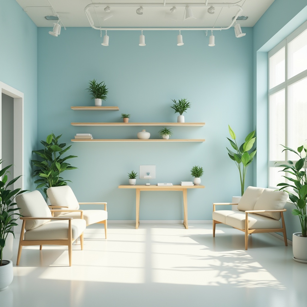 Prompt: Medical clinic, modern interior, calm atmosphere, soothing colors, pastel shades, light blue walls, creamy white furniture, wooden accents, plants on shelves, natural light, large windows, minimalist decor, simple lines, clean composition, shallow depth of field, gentle shadows, softbox lighting.