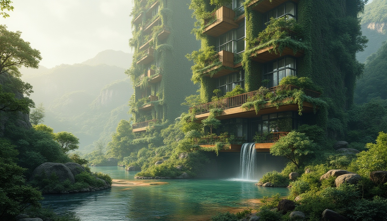 Prompt: Landscape integration, blending architecture with nature, futuristic skyscraper, eco-friendly design, lush greenery, vines crawling up walls, trees growing through floors, glass façade, steel beams, wooden accents, river running through base, waterfall cascading down side, misty atmosphere, soft natural lighting, 3/4 composition, panoramic view, warm colors, serene ambiance.