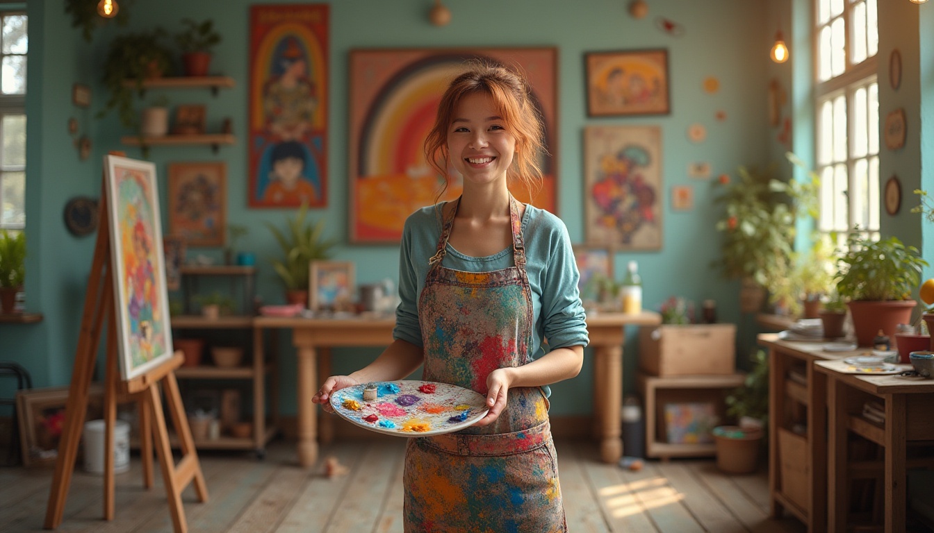 Prompt: Vibrant art studio, colorful painter, standing, holding palette, messy hair, paint-stained apron, warm smile, natural light, wooden easel, artistic tools, scattered paint tubes, color swatches, inspirational artwork, bohemian decor, plants, flowers, rustic wooden floor, cozy atmosphere, warm lighting, shallow depth of field, inviting composition.