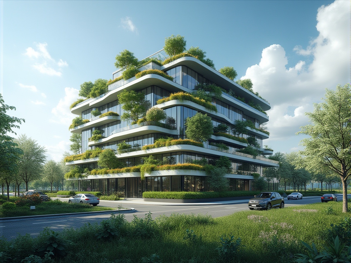 Prompt: Modern building, green architecture, landscape integration, glass facade, steel structure, curved lines, rooftop garden, lush greenery, cityscape, urban planning, sunny day, blue sky, few white clouds, natural lighting, 3/4 composition, depth of field, soft focus, ambient occlusion, realistic materials, cinematic mood, architectural visualization.