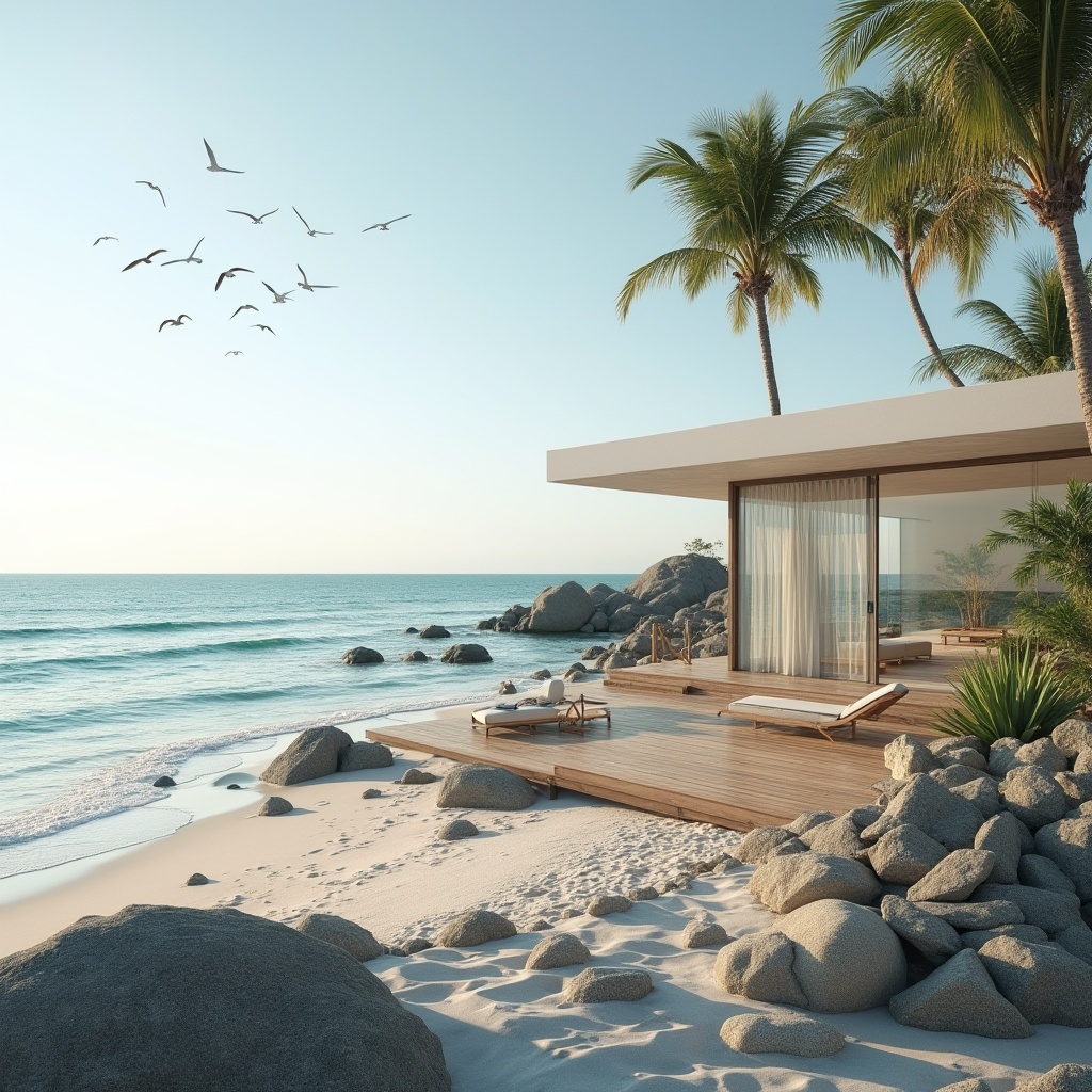 Prompt: Coastal minimalism, serene ocean view, simple modern villa, large glass windows, wooden deck, beach rocks, driftwood, succulent plants, few palm trees, calm turquoise water, gentle waves, soft white sand, seagulls flying overhead, warm sunlight, shallow depth of field, 3/4 composition, natural texture, realistic atmosphere, cinematic lighting.