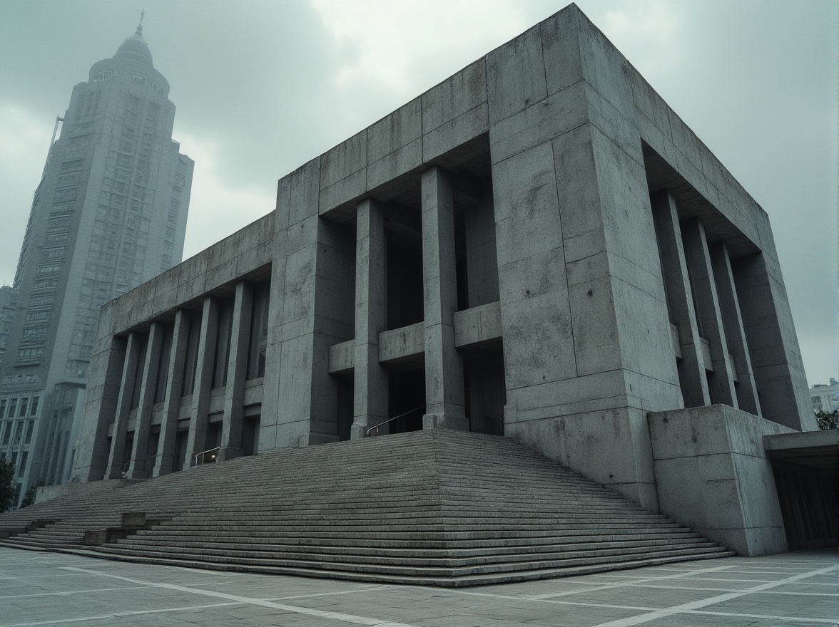 Prompt: Courthouse brutalist architecture, grandiose concrete structure, rugged textured surfaces, angular geometric shapes, monumental staircase, imposing pillars, raw unfinished concrete walls, brutalist details, urban cityscape background, overcast skies, dramatic shadows, high contrast lighting, cinematic composition, wide-angle lens, detailed render.