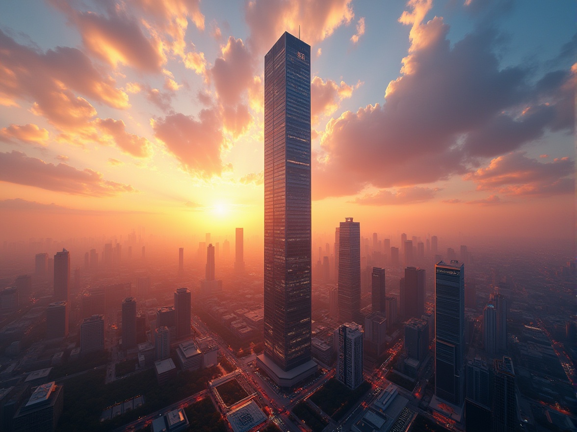 Prompt: Tower, skyscraper, modern architecture, cityscape, sunset, warm golden light, glass windows, steel structure, concrete foundation, urban landscape, bustling streets, crowded sidewalks, commercial district, financial hub, sleek lines, geometric shapes, bold colors, neon lights, vibrant hues, gradient effect, atmospheric perspective, misty fog, soft focus, cinematic composition.