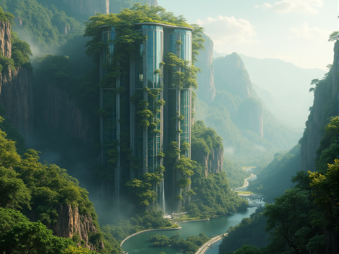 Prompt: Surreal landscape, futuristic skyscraper, blending seamlessly into mountainous terrain, lush greenery overgrowing steel beams, vines crawling up glass facades, trees sprouting from rooftops, waterfall cascading down exterior walls, misty atmosphere, soft warm lighting, 3/4 composition, panoramic view, dramatic contrast between natural and synthetic elements, dreamlike ambiance, vibrant colors, intricate textures, organic shapes merging with geometric structures.