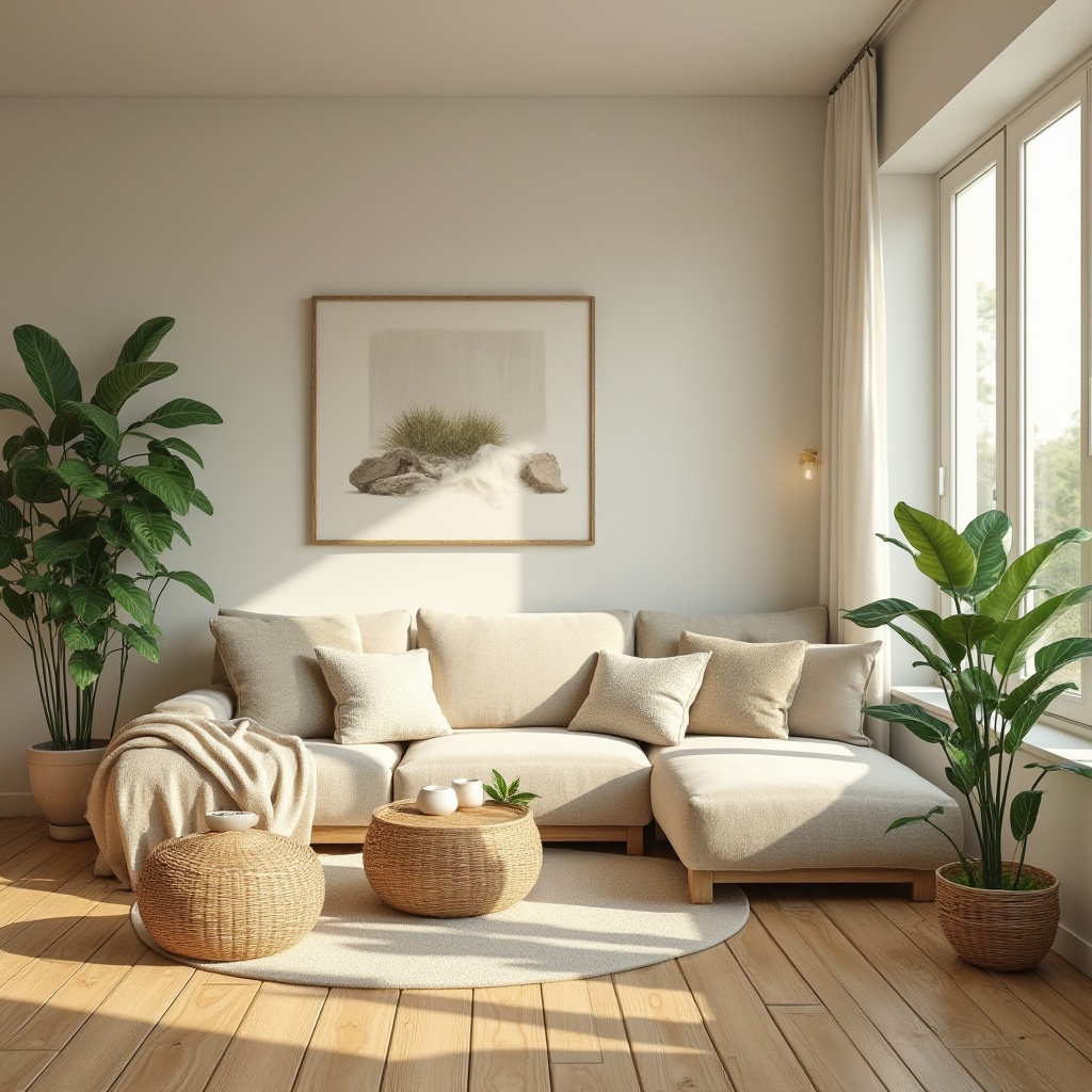 Prompt: calming interior, healing atmosphere, natural material, wooden floor, white walls, minimal decor, comfortable sofa, green plants, waterfall sound, aromatherapy, essential oil diffuser, dimmable soft lighting, warm beige color scheme, cozy throw blankets, nature-inspired artwork, peaceful ambient music, serene composition, 3/4 view, morning sunlight filtering through large windows.