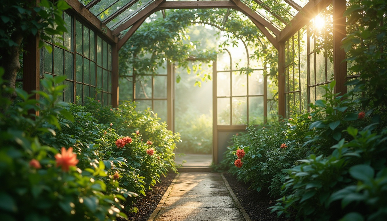 Prompt: Natural ambiance, lush greenery, abundant plants, glass roof, wooden beams, vintage metal frames, misty atmosphere, soft morning light, warm afternoon sunbeams, subtle shadows on leafy greens, delicate water droplets on petals, serene composition, 3/4 view, gentle bokeh, natural color palette, earthy tone, rustic texture, peaceful ambiance.