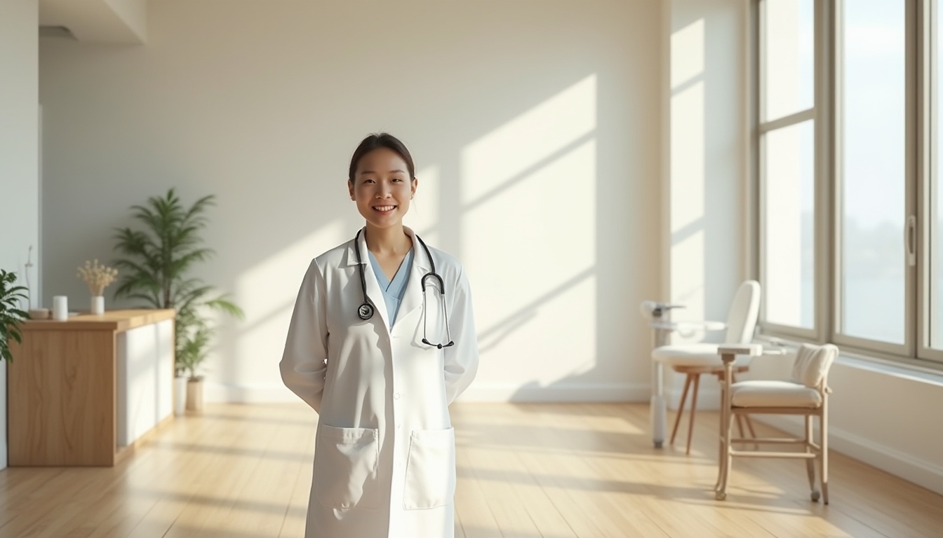 Prompt: Natural clinic interior, large windows, abundant sunlight, minimalist white walls, wooden floors, modern medical equipment, doctor in white coat, stethoscope around neck, gentle smile, standing near window, hands behind back, soft diffused light, subtle shadows, calming atmosphere, 3/4 composition, warm beige color tone, natural texture, realistic rendering, high contrast ratio.