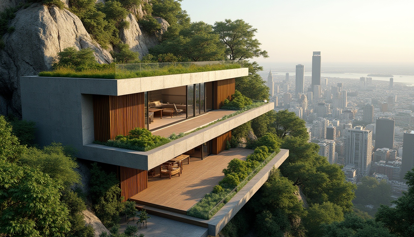 Prompt: Modern architectural building, integrated landscape design, green roof, lush vegetation, natural stone walls, floor-to-ceiling windows, minimalist interior, wooden accents, sleek lines, panoramic city view, urban jungle, skyscraper backdrop, warm afternoon lighting, soft shadows, 3/4 composition, high-angle shot, detailed textures, realistic rendering.