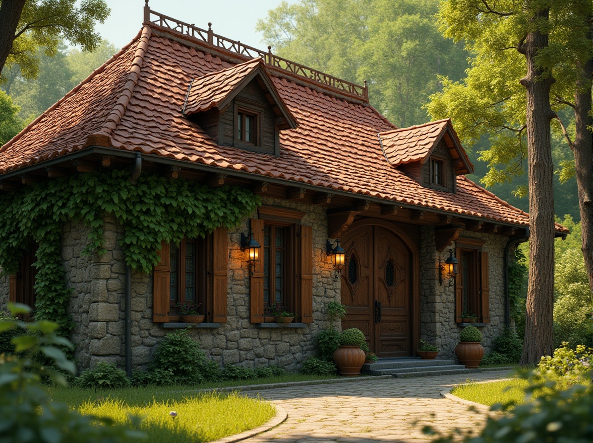 Prompt: Rustic barn, academic style architecture, stone foundation, wooden beams, clay roof tiles, brick facade, wooden shutters, vintage metal lanterns, overgrown with ivy, surrounded by lush greenery, tall trees, sunny afternoon, warm lighting, 3/4 composition, depth of field, cinematic atmosphere, soft focus on background.