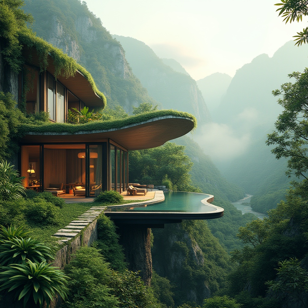 Prompt: Landscape integration, blending architecture with nature, modern villa, curved lines, green roof, wooden accents, large windows, sliding glass doors, infinity pool, lush forest, misty mountains, tropical plants, vines crawling up walls, stone pathways, soft natural light, warm ambient atmosphere, 3/4 composition, panoramic view, cinematic depth of field.