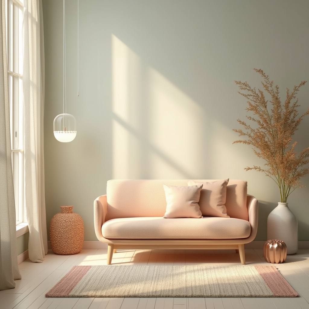 Prompt: Coherent color palette, pastel tones, gentle gradient, soft peach, creamy whites, misty blues, muted greens, warm beiges, rich wood accents, metallic rose gold, subtle texture, natural materials, earthy atmosphere, warm lighting, 3/4 composition, cinematic depth of field, harmonious contrast.