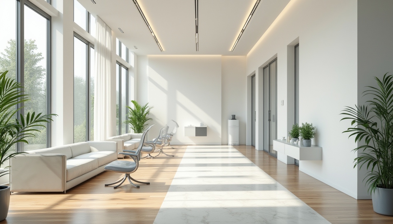 Prompt: Modern clinic interior, Bauhaus style, efficient layout, minimalist design, white walls, large windows, natural light, sleek metal furniture, ergonomic chairs, wooden floors, green plants, geometric shapes, clean lines, functional decor, minimal ornaments, futuristic atmosphere, 3/4 composition, softbox lighting, shallow depth of field, warm color palette, calm ambiance.